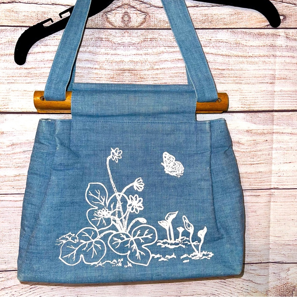 Vintage denim and wooden purse